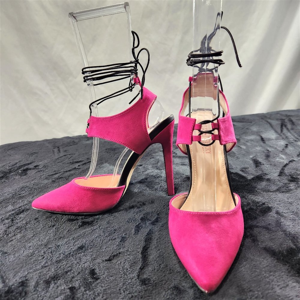 Red Cherry Fuchsia With Black Elastic Wrap Sandals With 4 1/2" Stiletto Heels - Picture 2 of 8